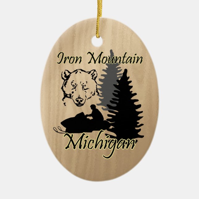 Iron Mountain Michigan Snowmobile Bear Ceramic Tree Decoration (Front)