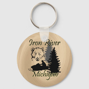 Iron River Michigan Snowmobile Bear Wood Look Key Ring