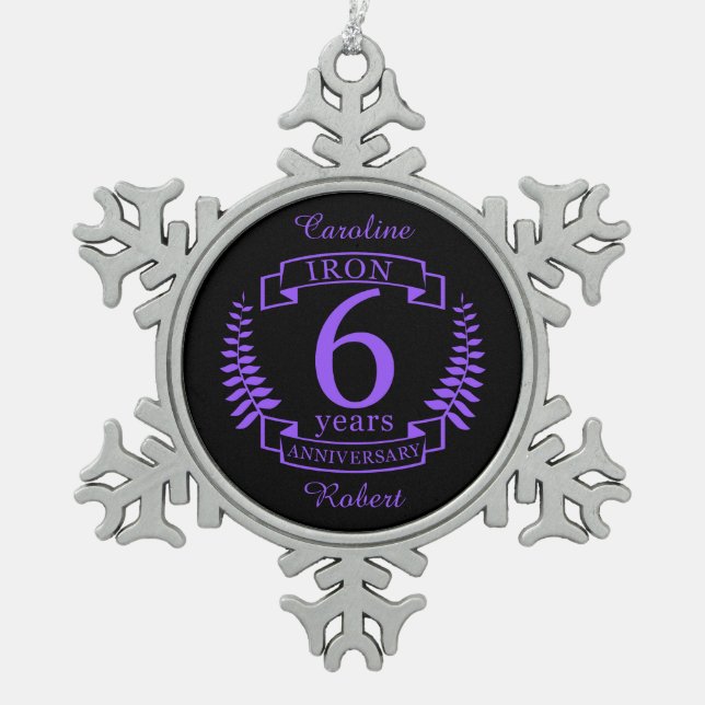 Iron wedding anniversary 6 years snowflake pewter christmas ornament (Front)