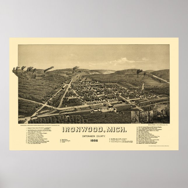 Ironwood, MI Panoramic Map - 1886 Poster (Front)
