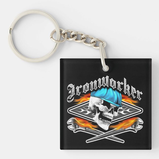 Ironworker Skull and Flaming Wrenches Key Ring (Front)