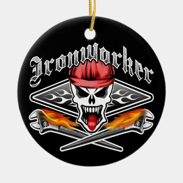 Ironworker Skull and Spud Wrenches 2.1 Ceramic Tree Decoration (Front)
