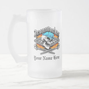 Ironworker Skull and Spud Wrenches Frosted Glass Beer Mug