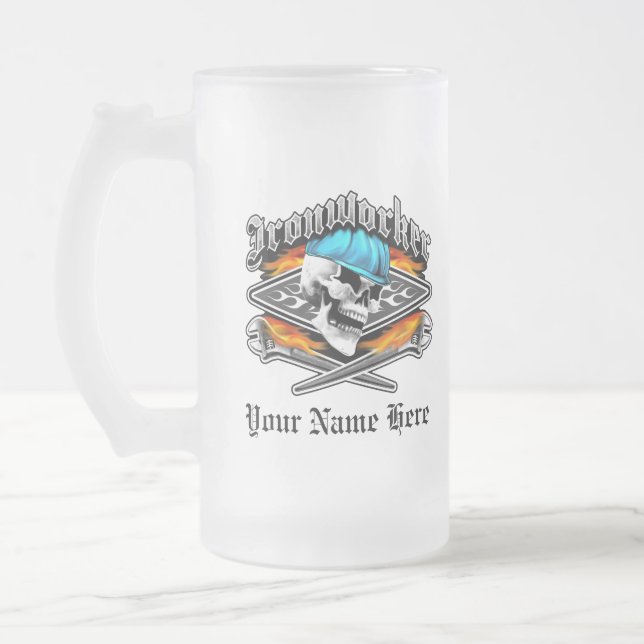 Ironworker Skull and Spud Wrenches Frosted Glass Beer Mug (Left)