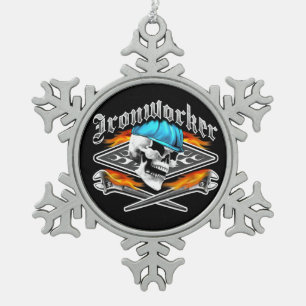 Ironworker Skull and Spud Wrenches Snowflake Pewter Christmas Ornament