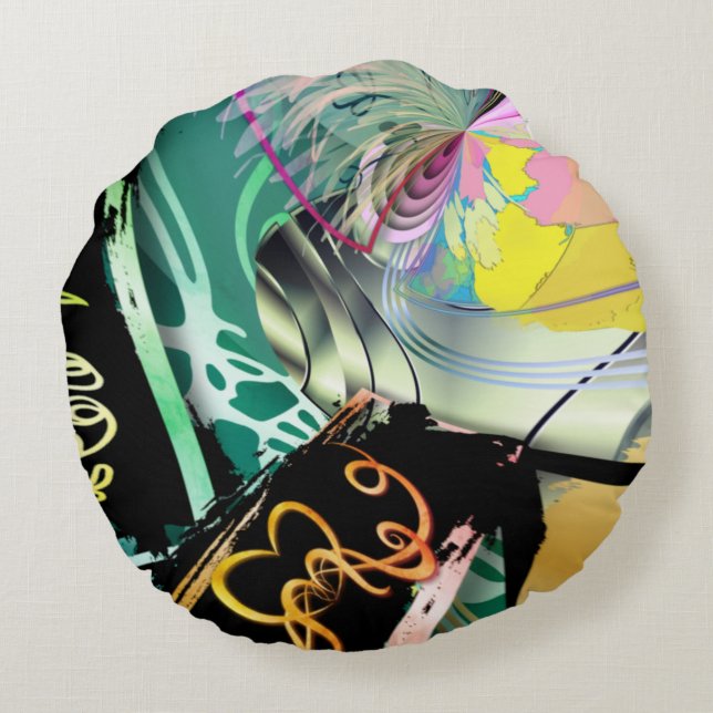 Irregular curved panorama of shapes and objects th round cushion (Back)
