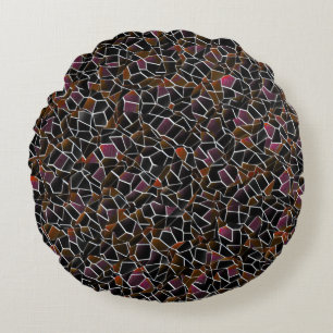 Irregular dark red brown mosaic mess upon white round cushion