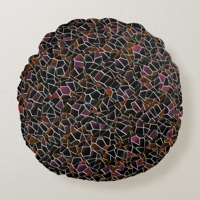 Irregular dark red brown mosaic mess upon white round cushion (Front)