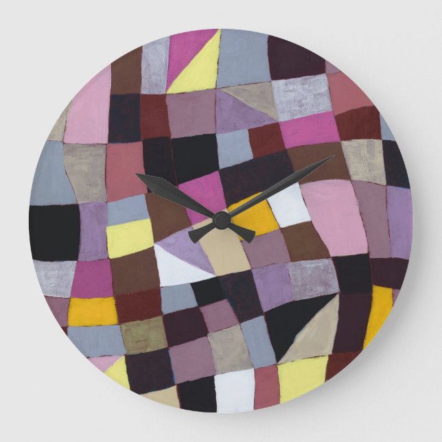 Irregular Grid: Violet-Yellow Abstract Painting. Large Clock (Front)