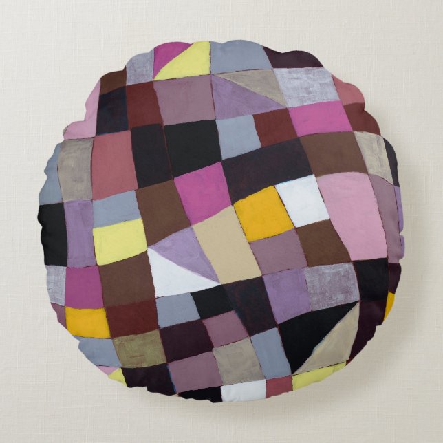 Irregular Grid: Violet-Yellow Abstract Painting. Round Cushion (Front)