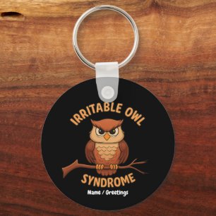 Irritable Owl Syndrome Funny Angry Owl Cartoon Pun Key Ring