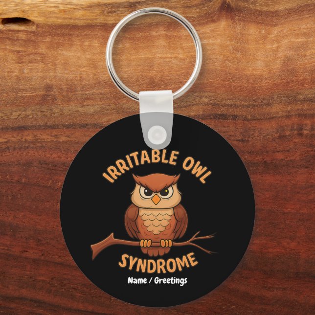 Irritable Owl Syndrome Funny Angry Owl Cartoon Pun Key Ring (Front)