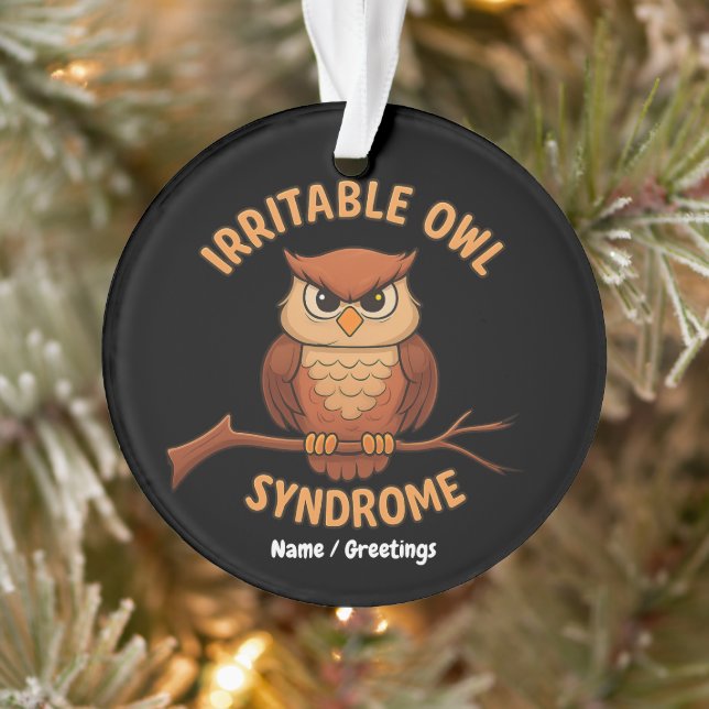 Irritable Owl Syndrome Funny Angry Owl Cartoon Pun Ornament (Tree)