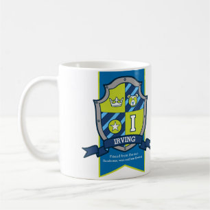 Irving letter I crest blue green name meaning Coffee Mug
