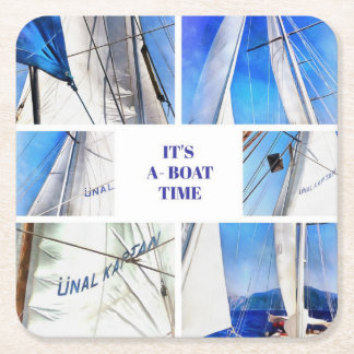 Is A Boat Time Fun Pun Artistic White Sails Square Paper Coaster