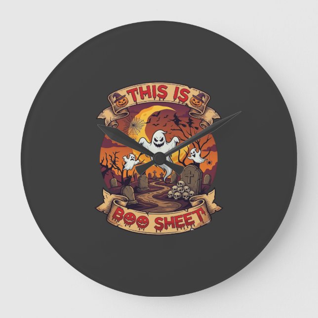 Is Boo Sheet Halloween Ghost Cemetery Pumpkins_1 Large Clock (Front)