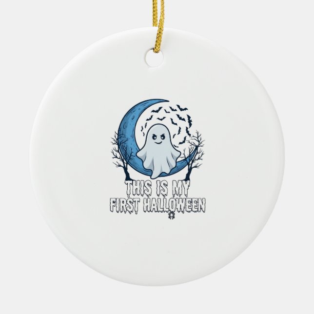 Is First Halloween Ghost Crescent Moon Bats_1 Ceramic Tree Decoration (Front)