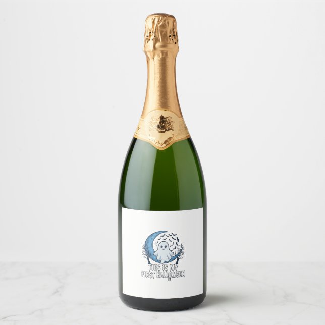 Is First Halloween Ghost Crescent Moon Bats_1 Sparkling Wine Label (Front)