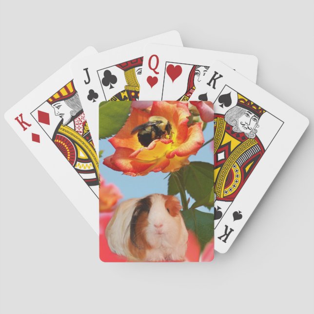 Is he gone yet? Guinea pig hiding from bee on rose Playing Cards (Back)