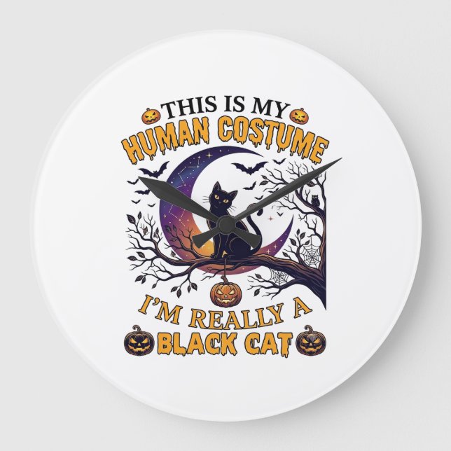 Is Human Costume Black Cat Halloween Moon_1 Large Clock (Front)