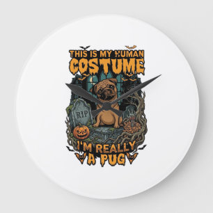 Is Human Costume Pug Halloween Pumpkin Tombstone_1 Large Clock