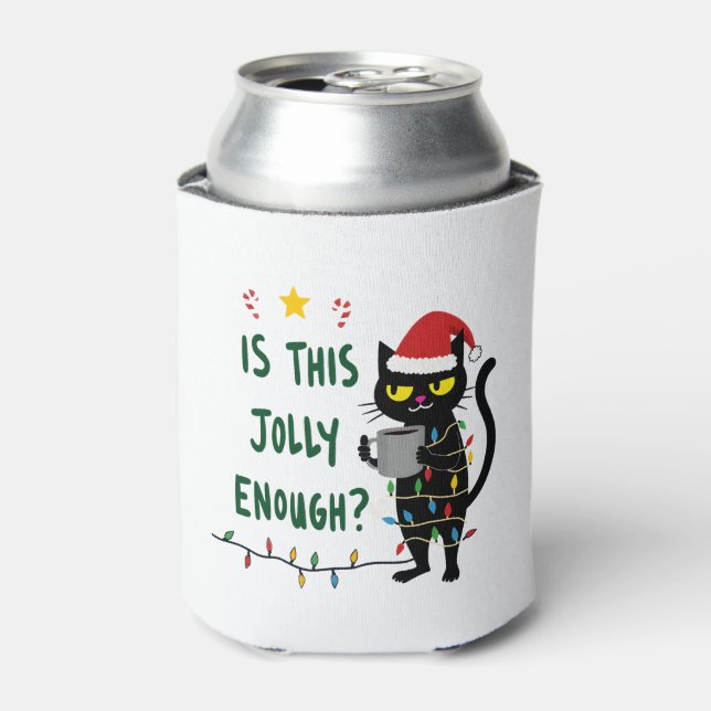 Is This Jolly Enough Black Cat Merry Christmas Tre Can Cooler (Can Front)