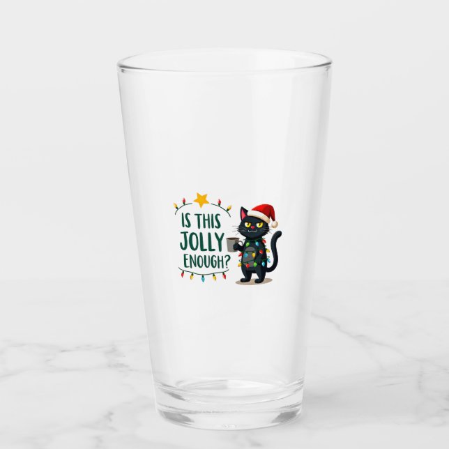 Is This Jolly Enough Black Cat Merry Christmas Tre Glass (Front)
