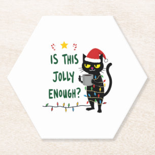 Is This Jolly Enough Black Cat Merry Christmas Tre Paper Coaster