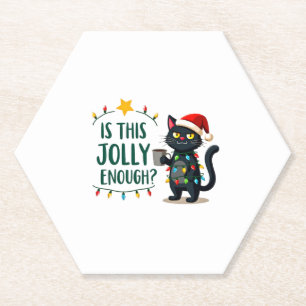 Is This Jolly Enough Black Cat Merry Christmas Tre Paper Coaster
