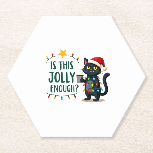 Is This Jolly Enough Black Cat Merry Christmas Tre Paper Coaster (Front)