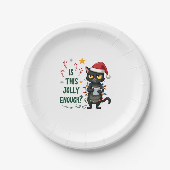 Is This Jolly Enough Black Cat Merry Christmas Tre Paper Plate (Front)