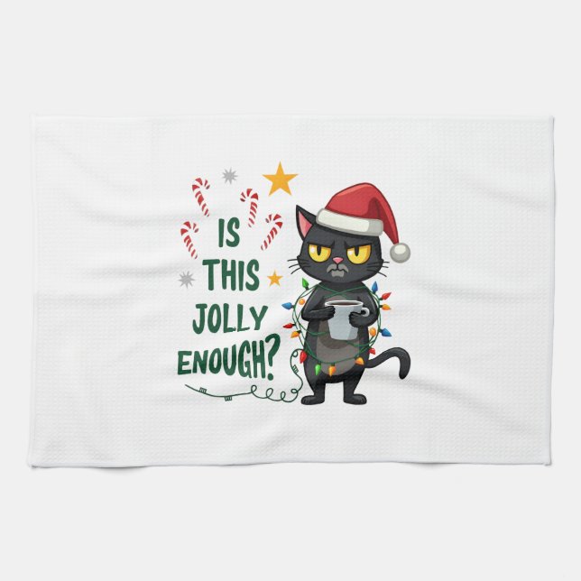 Is This Jolly Enough Black Cat Merry Christmas Tre Tea Towel (Horizontal)