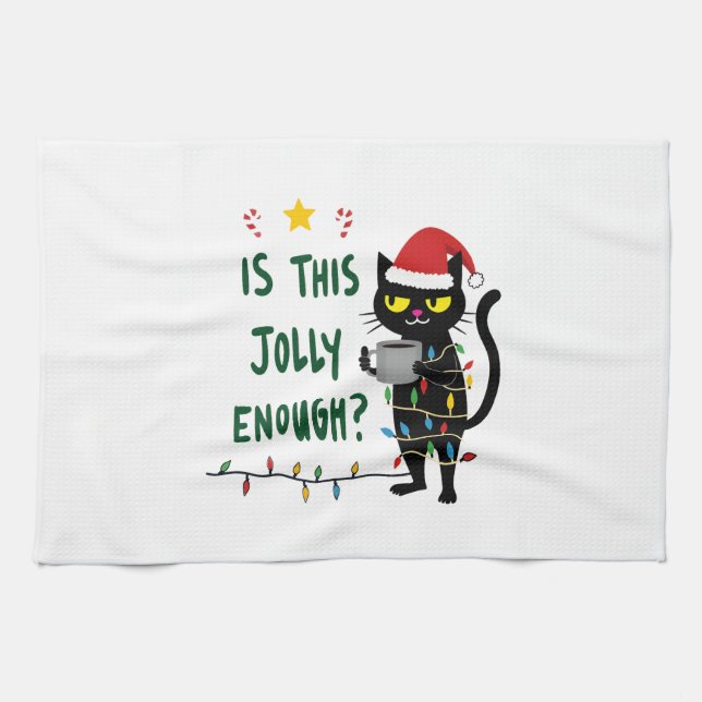 Is This Jolly Enough Black Cat Merry Christmas Tre Tea Towel (Horizontal)