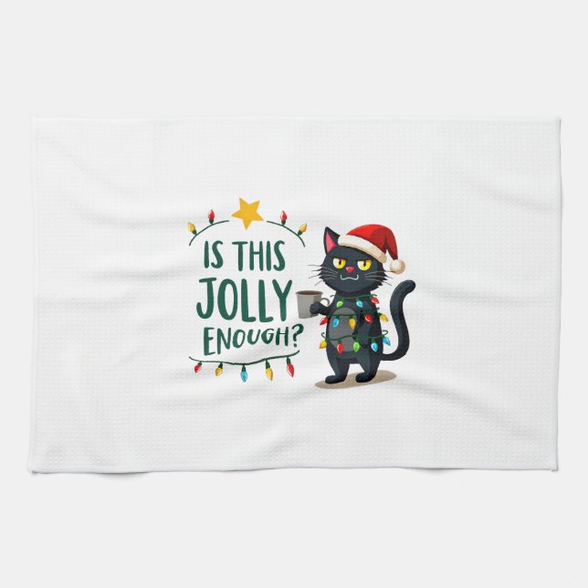 Is This Jolly Enough Black Cat Merry Christmas Tre Tea Towel (Horizontal)