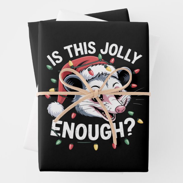Is This Jolly Enough? Christmas Opossum Sarcastic Wrapping Paper Sheet (In situ)