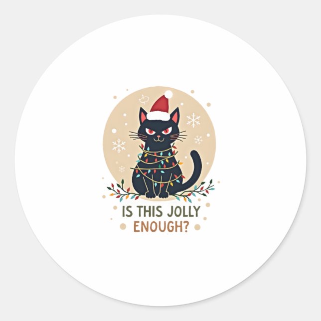 Is This Jolly Enough Funny Black Cat Christmas Tre Classic Round Sticker (Front)