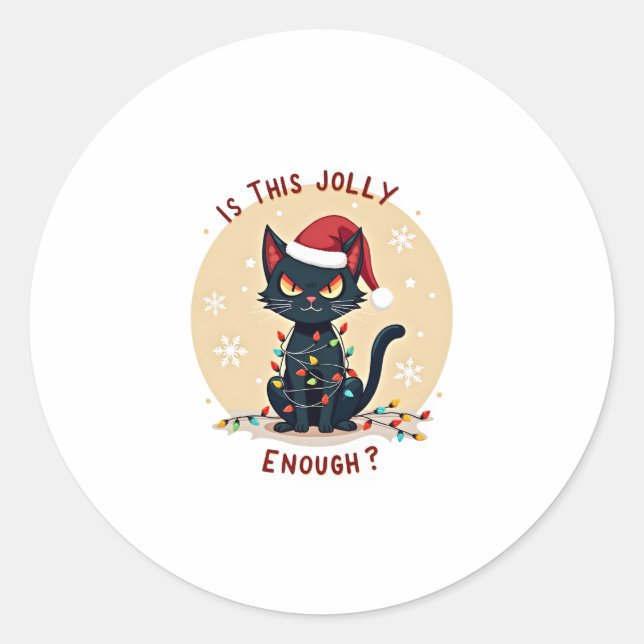 Is This Jolly Enough Funny Black Cat Christmas Tre Classic Round Sticker (Front)