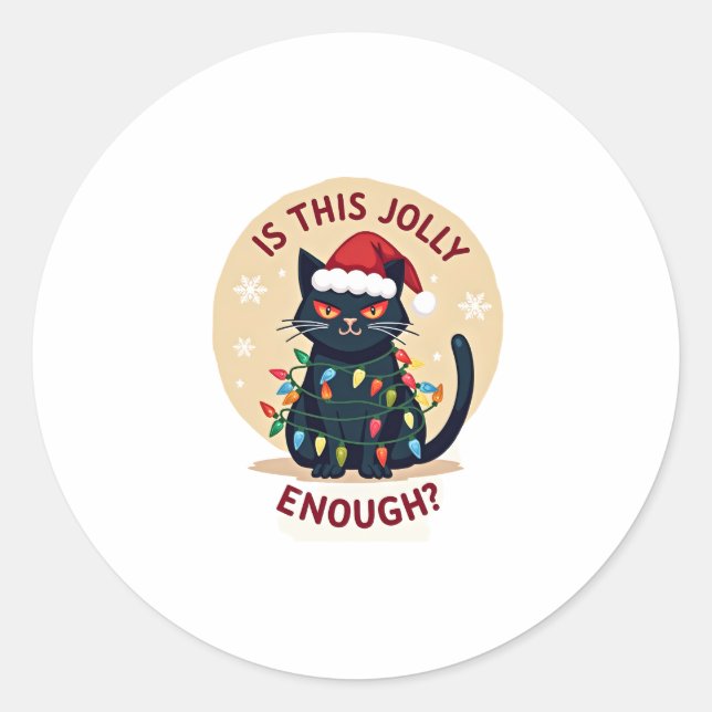 Is This Jolly Enough Funny Black Cat Christmas Tre Classic Round Sticker (Front)