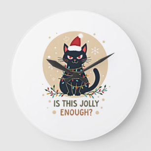 Is This Jolly Enough Funny Black Cat Christmas Tre Large Clock