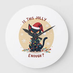 Is This Jolly Enough Funny Black Cat Christmas Tre Large Clock