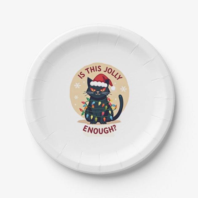 Is This Jolly Enough Funny Black Cat Christmas Tre Paper Plate (Front)
