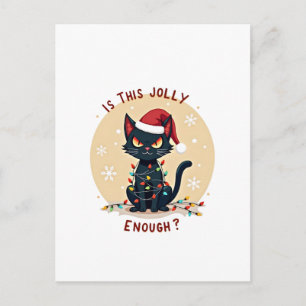 Is This Jolly Enough Funny Black Cat Christmas Tre Postcard