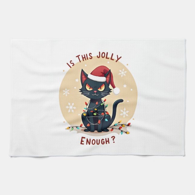 Is This Jolly Enough Funny Black Cat Christmas Tre Tea Towel (Horizontal)
