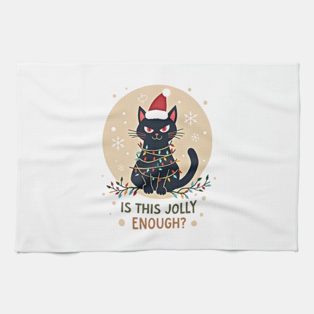 Is This Jolly Enough Funny Black Cat Christmas Tre Tea Towel (Horizontal)