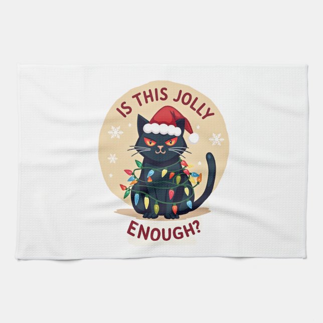 Is This Jolly Enough Funny Black Cat Christmas Tre Tea Towel (Horizontal)