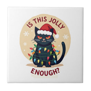 Is This Jolly Enough Funny Black Cat Christmas Tre Tile