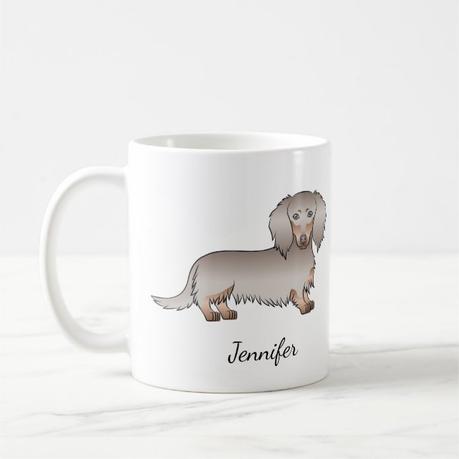 Isabella And Tan Long Hair Dachshund Dog & Name Coffee Mug (Left)