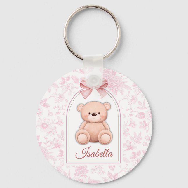 Isabella | Custom Pink Teddy Bear Nursery Design  Key Ring (Front)