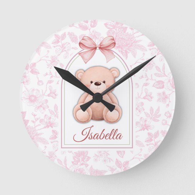 Isabella | Custom Pink Teddy Bear Nursery Design  Round Clock (Front)