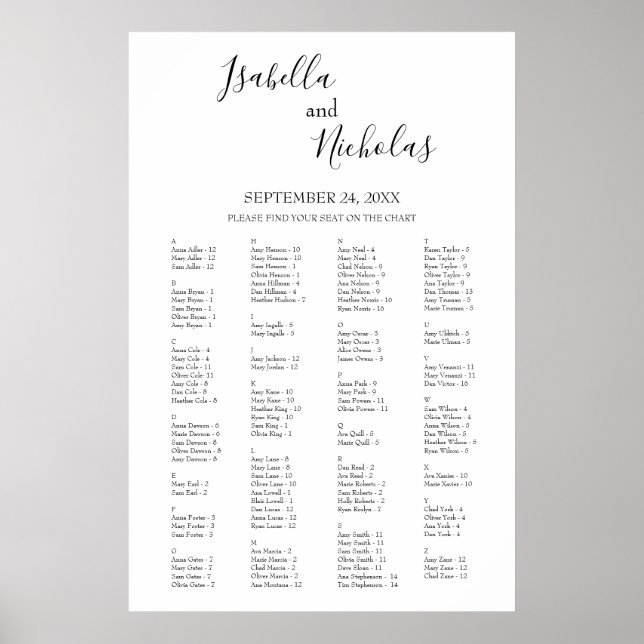 Isabella Elegant Alphabetical Seating Chart (Front)